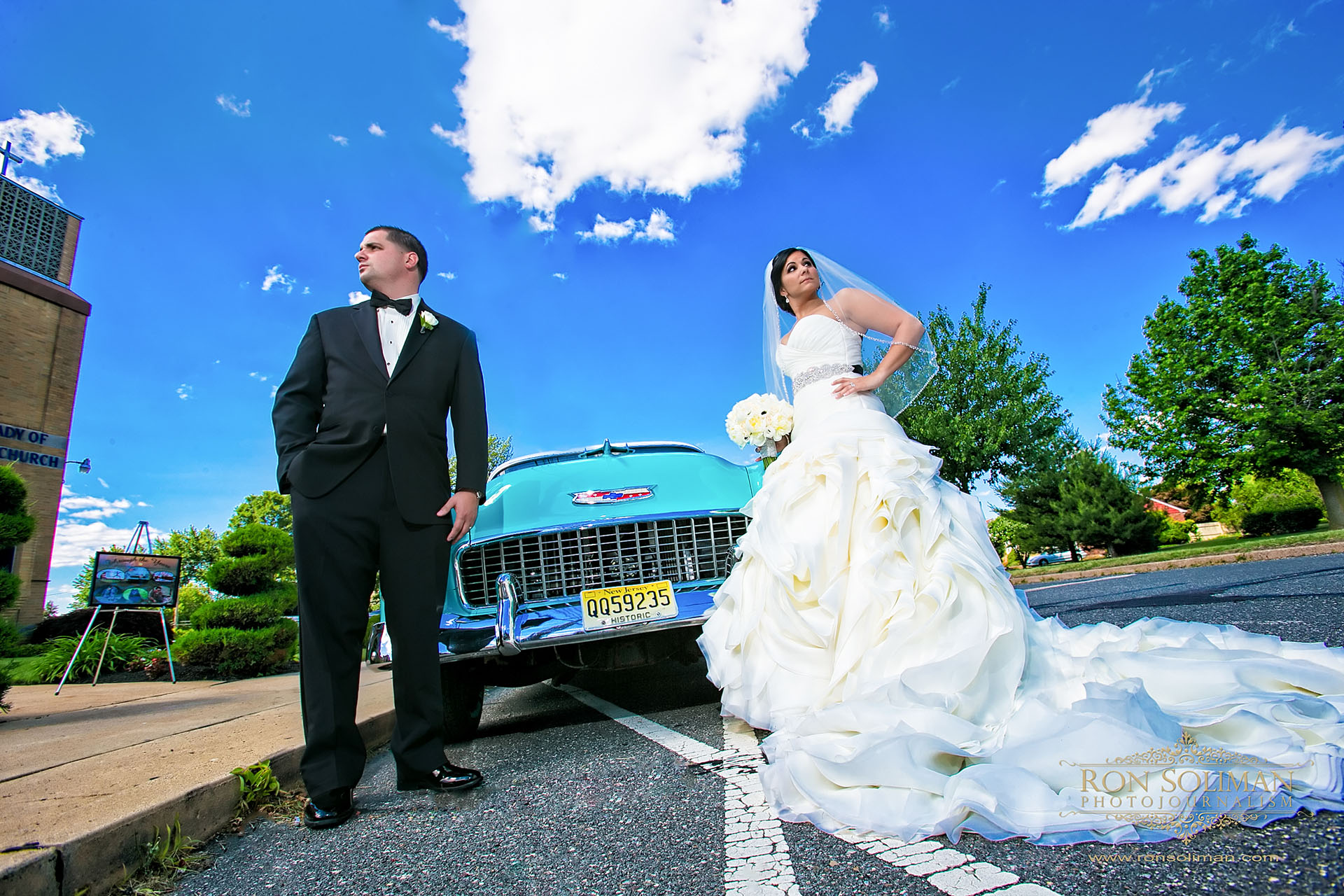 blue 1955 Chevy wedding car