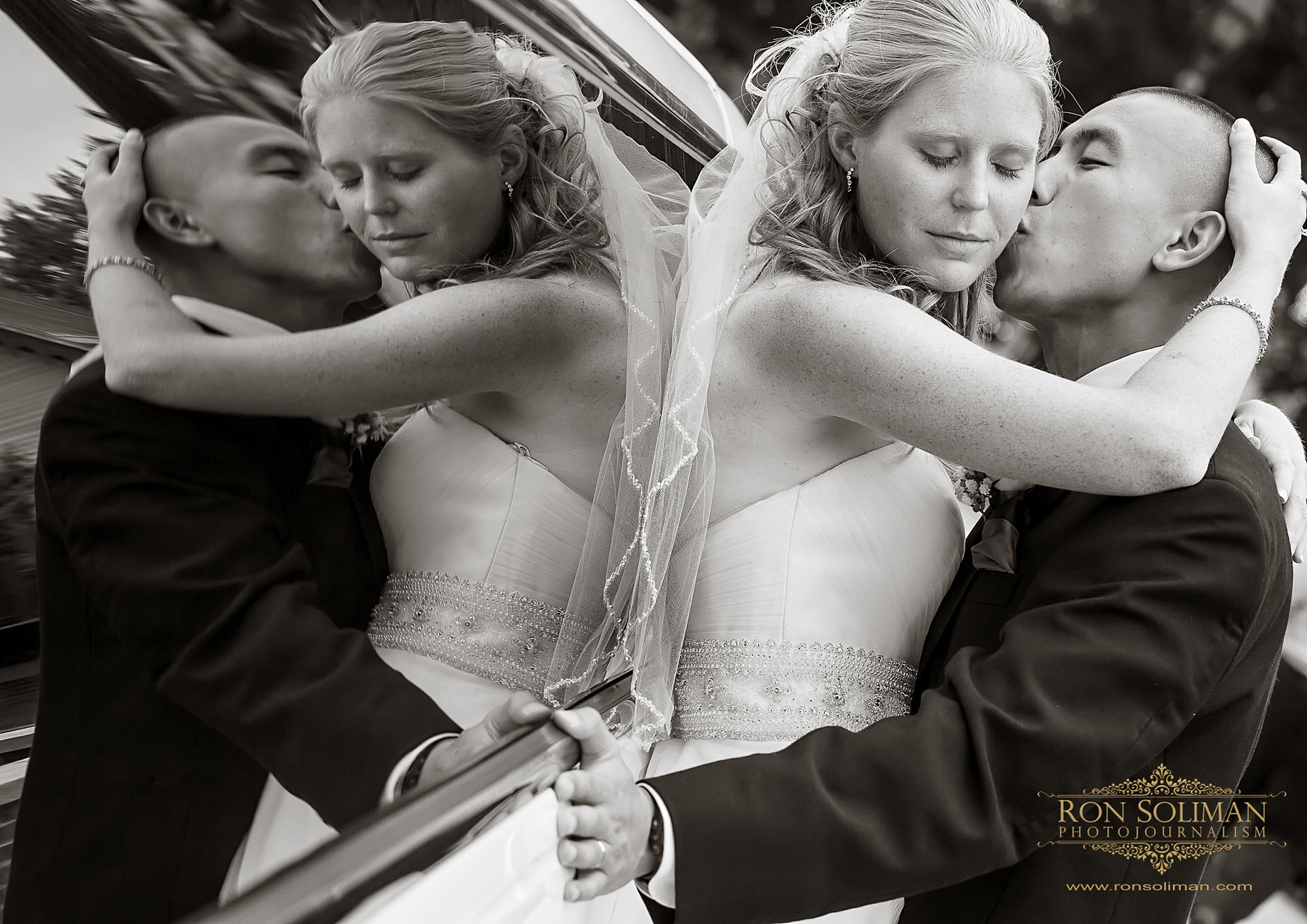 bride and groom limousine reflection