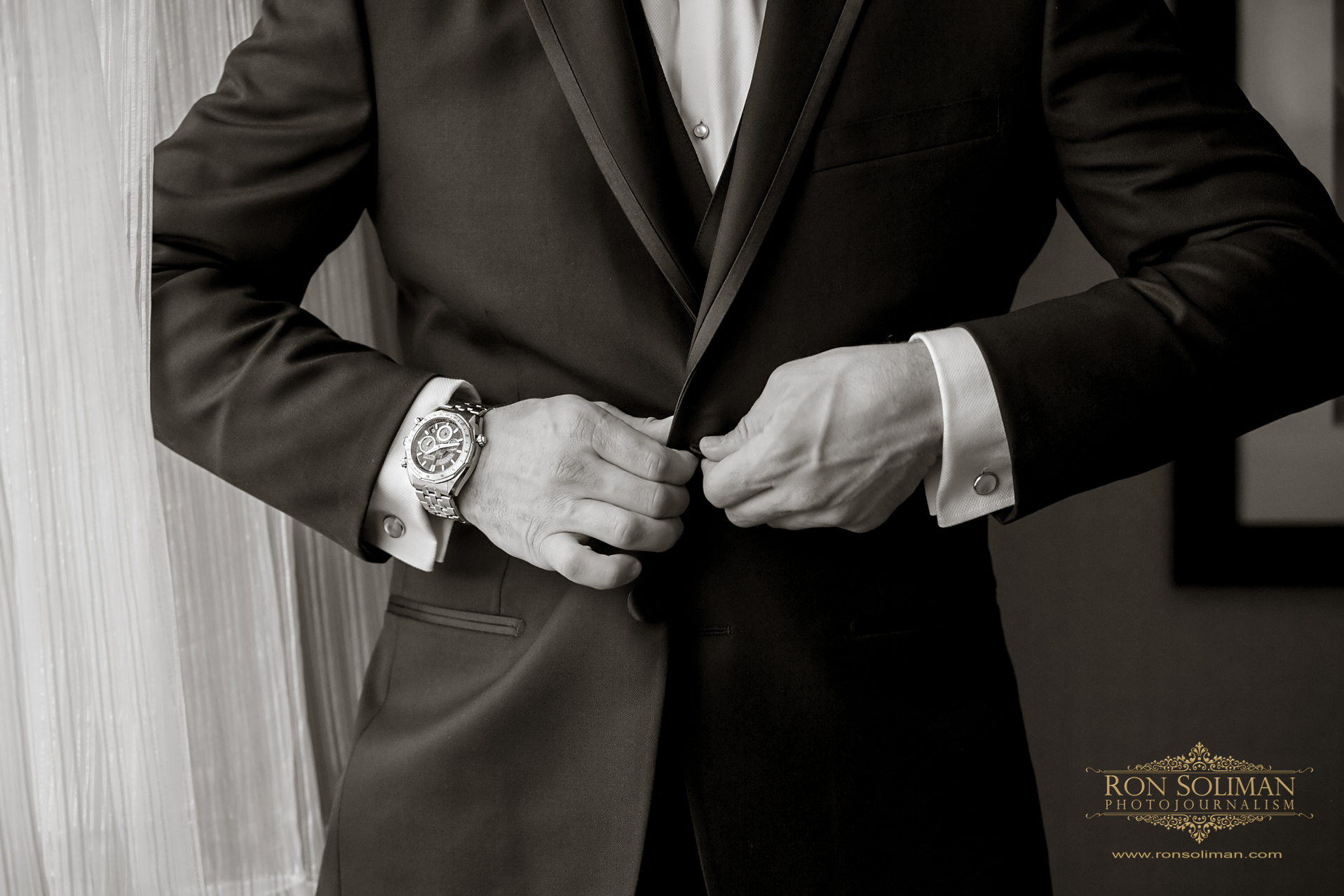 Groom in Tuxedo Black and White Photo | Rainbow Room New York Wedding Noel + Rob