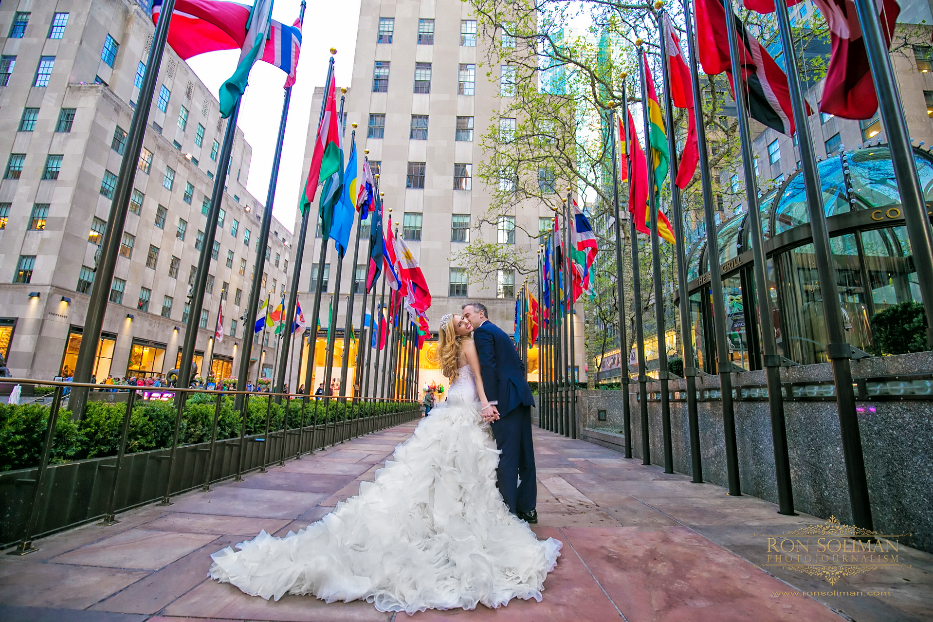Bride and Groom Fun Street Photo | The Rockefeller Center |  Rainbow Room New York Wedding Noel + Rob