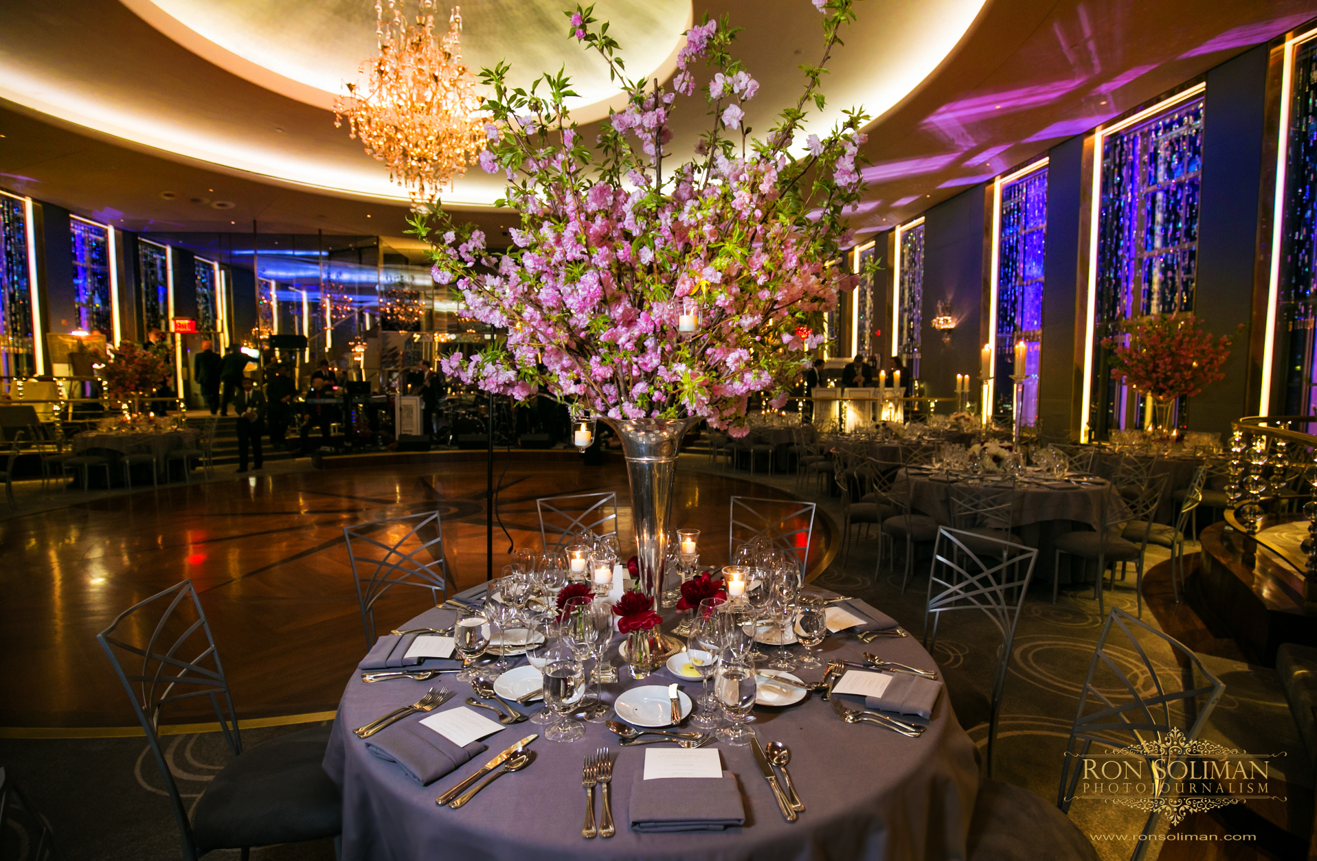 Elegant Wedding Table Setting | Cherry Blossom Centerpiece | Rainbow Room New York Wedding Noel + Rob